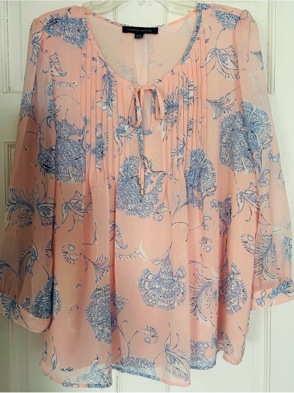 Tommy Hilfiger XL Sheer Floral Blouse Pink Blue Pleated Tie Neck Flowy Top